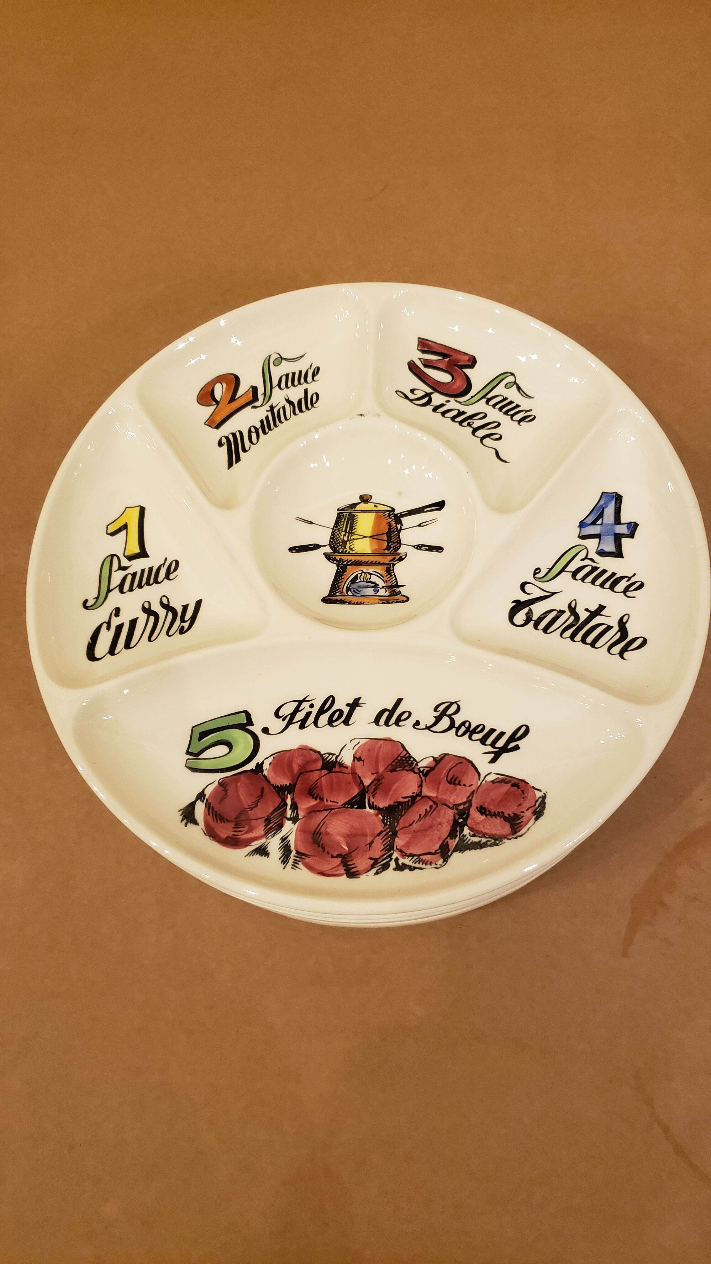 Gien earthenware fondue set 8 plates and 5 bowls