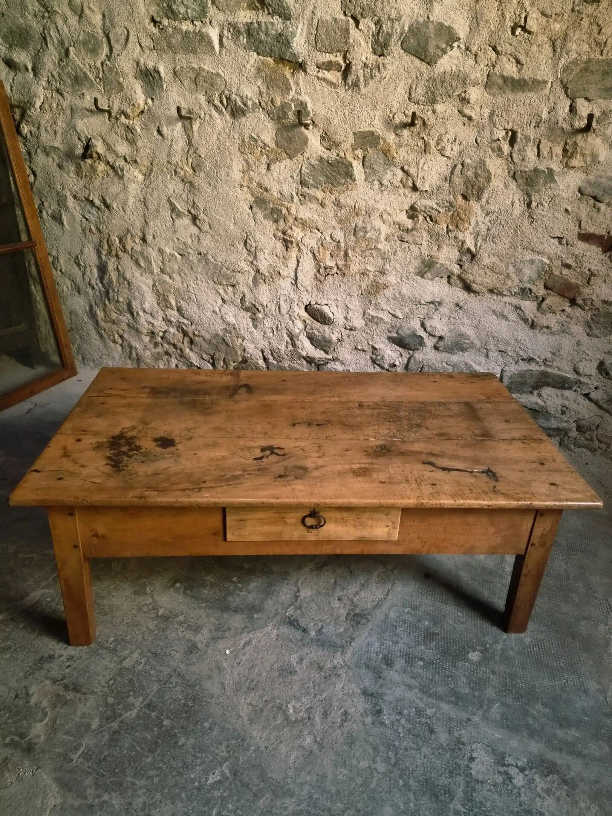 Antique cherry coffee table, rustic farmhouse table with drawer, circa 1750–1800.
