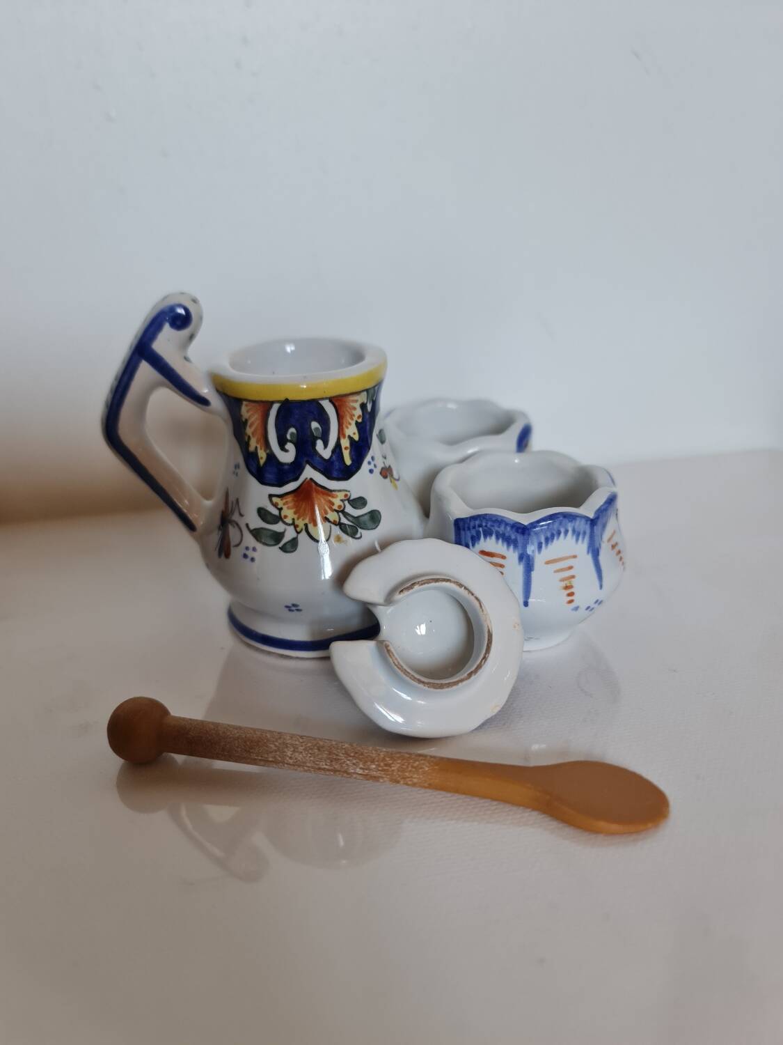 Mustard, salt and pepper shaker set with Rouen decor