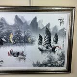 Large oil on canvas vintage painting Japanese style