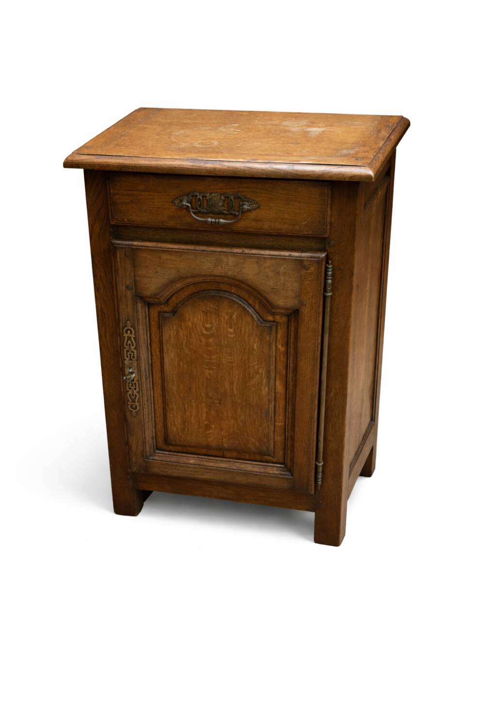 Small antique jam cupboard in solid oak, with one door and one drawer.