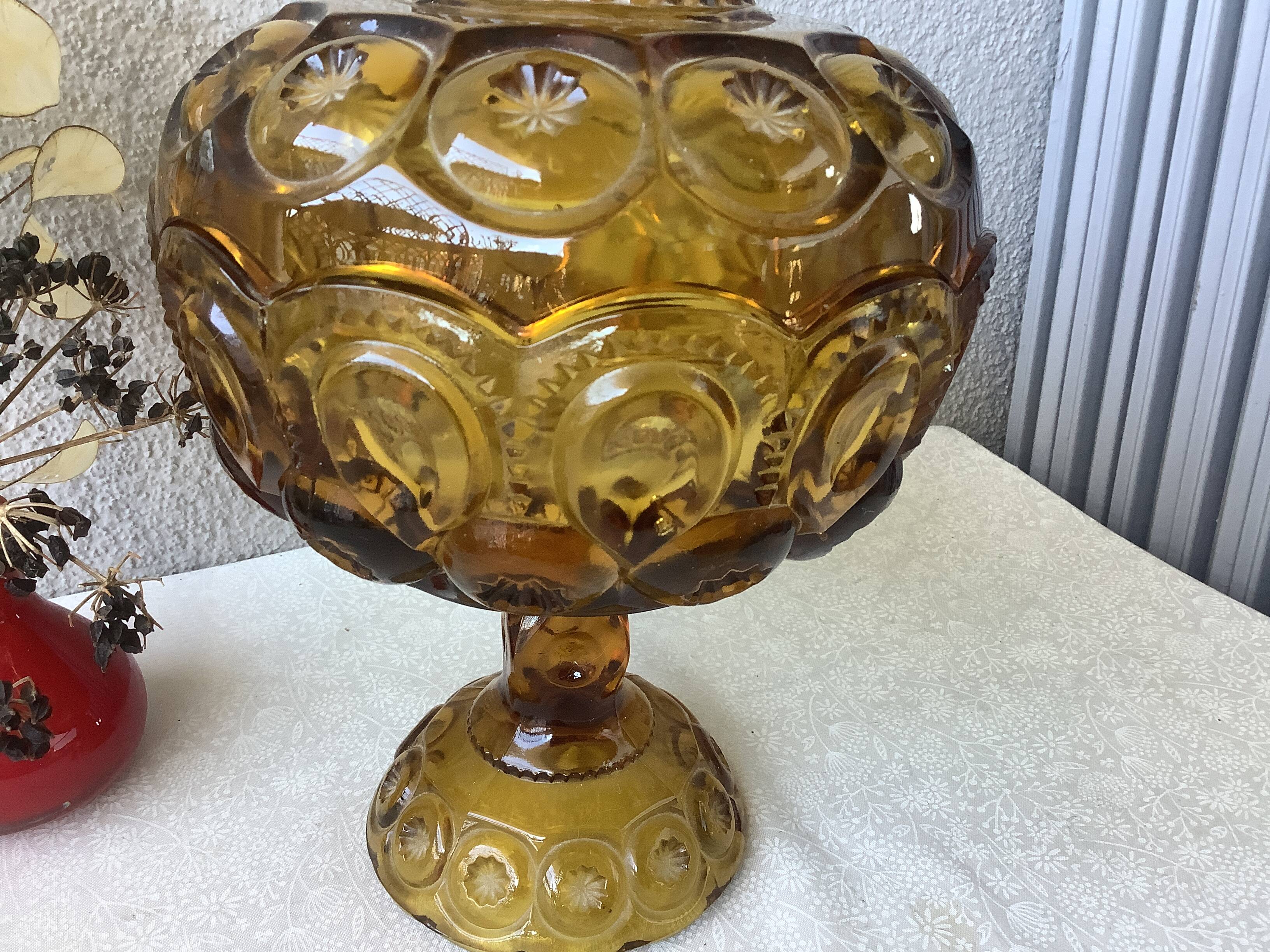 Bonbonnière à compote en verre moulé ambré l.e. moon & stars, piédestal