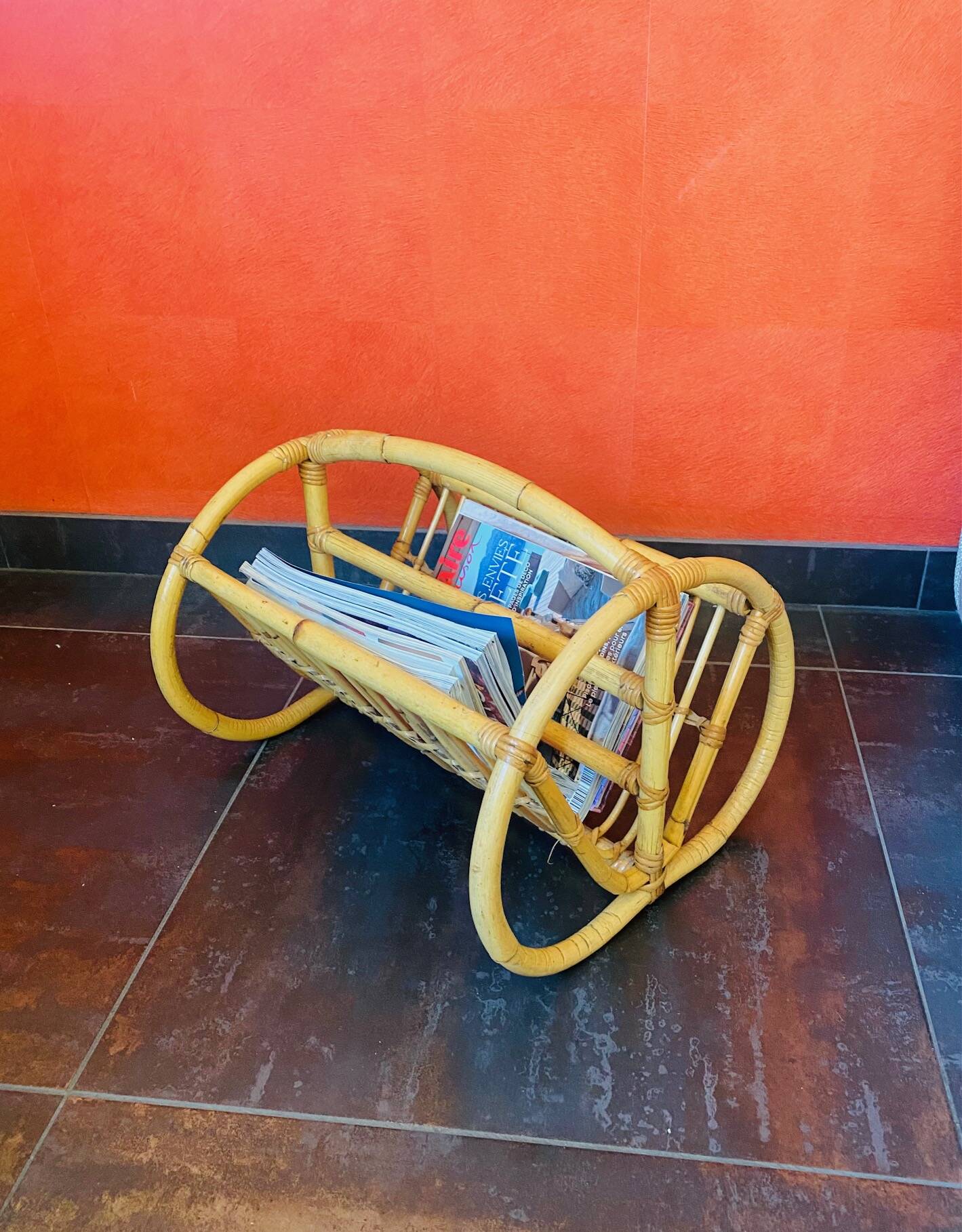 1960s rattan magazine rack