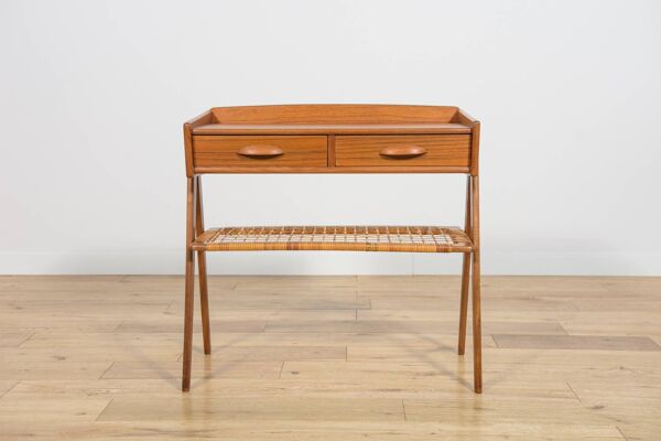 Table console en teck et rotin du milieu du siècle par Søren Rasmussen, Danemark, 1960