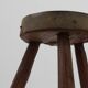 Brutalist French solid oak tripod stool with metal rim, 1850s
