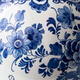 Pair of Royal Delft blue and white ceramic table lamps with new vermilion silk shades.