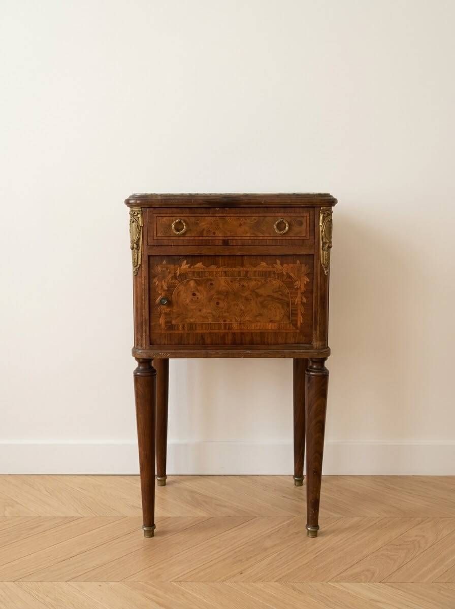 Napoleon III style bedside table in walnut burl and marble