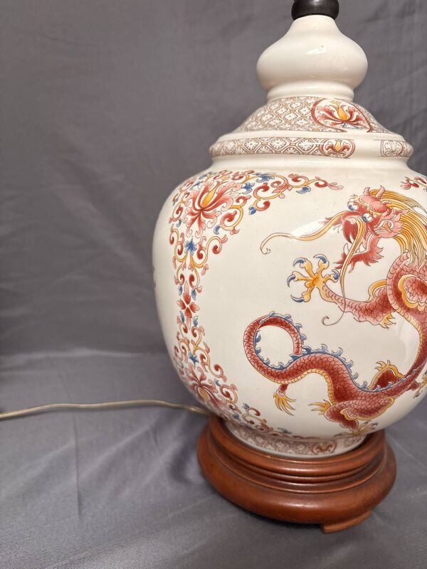 Ancien Pied Lampe Dragon Impérial Rouge Porcelaine Chine 37cm