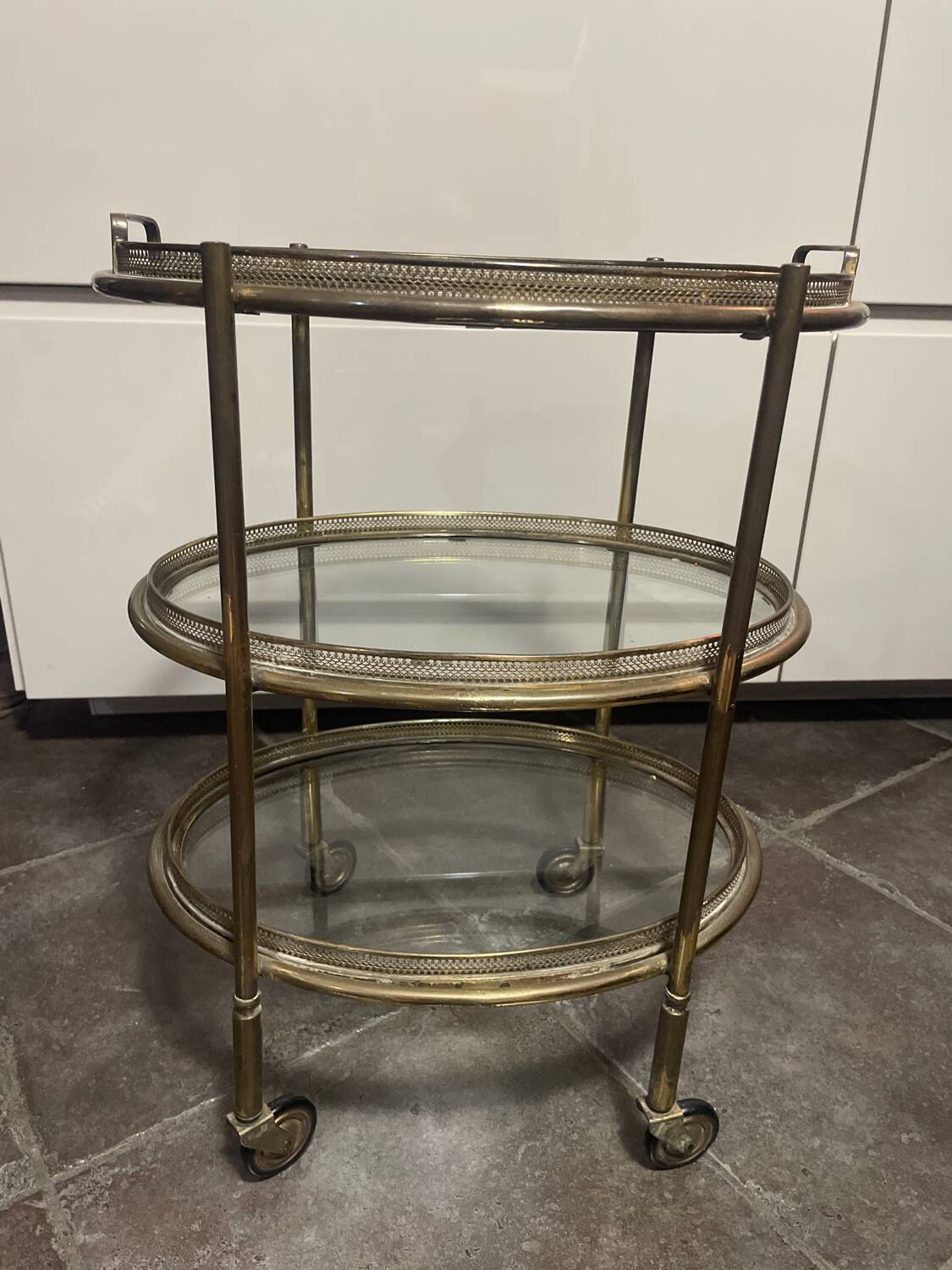 Serving cart, shelf, three-tier metal and glass trolley