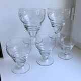 Set of 5 crystal wine glasses engraved 60s