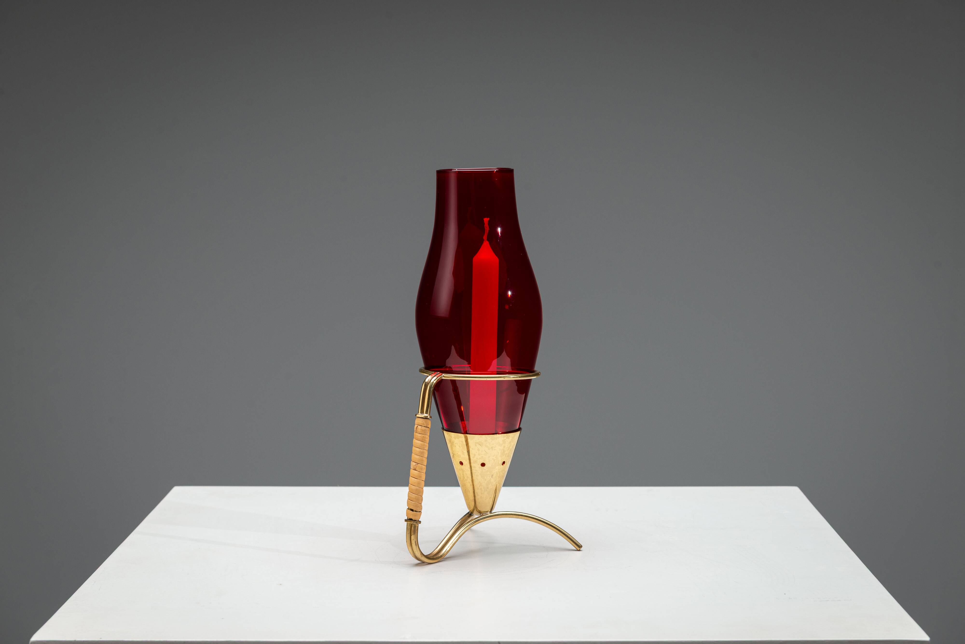 Gunnar Ander candleholder in brass, glass and rattan for Ystad Metall