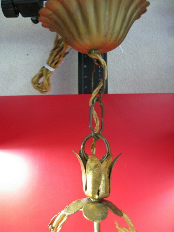 Golden cage iron chandelier 3 leafy arms of light adorned with porcelain flowers