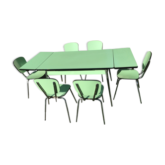 Ensemble vintage en formica table et 6 chaises vert pomme