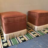 Duo of old pink poufs with fringes