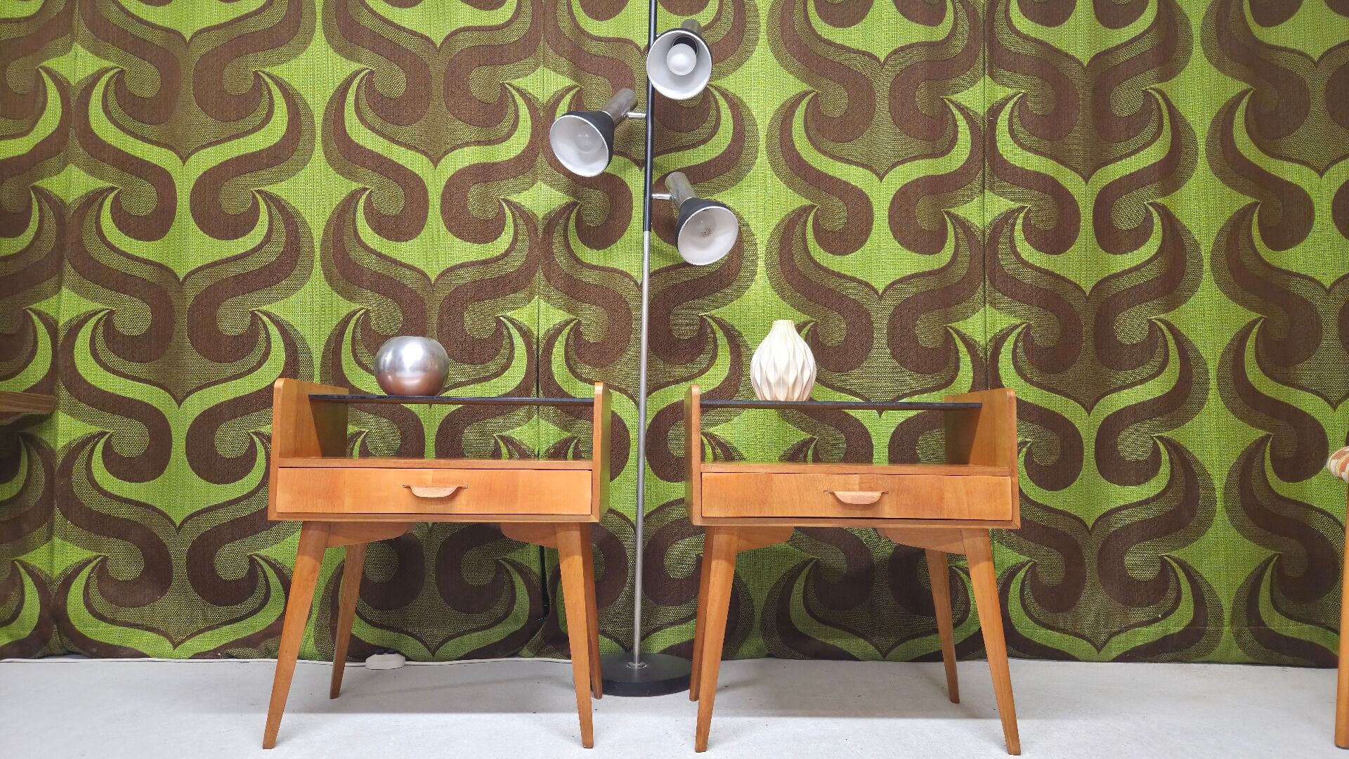 Many bedside tables, vintage, Scandinavian, light wood, 1960s.