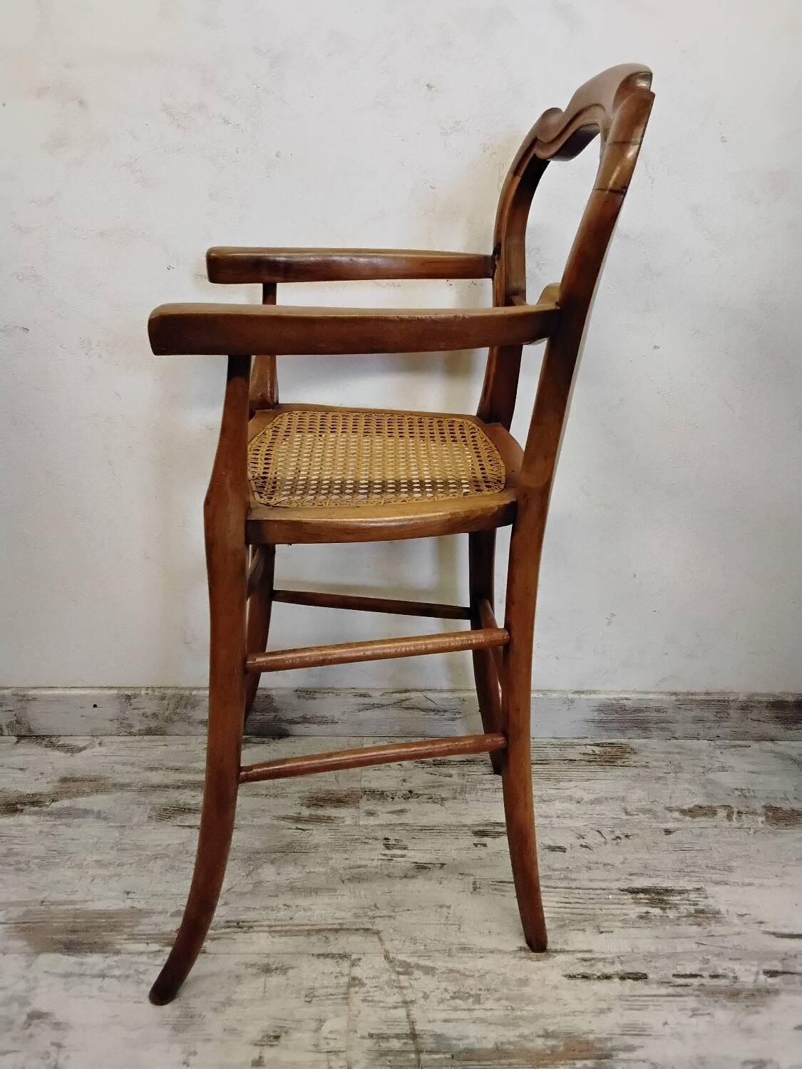 Children's high chair in wood and cane