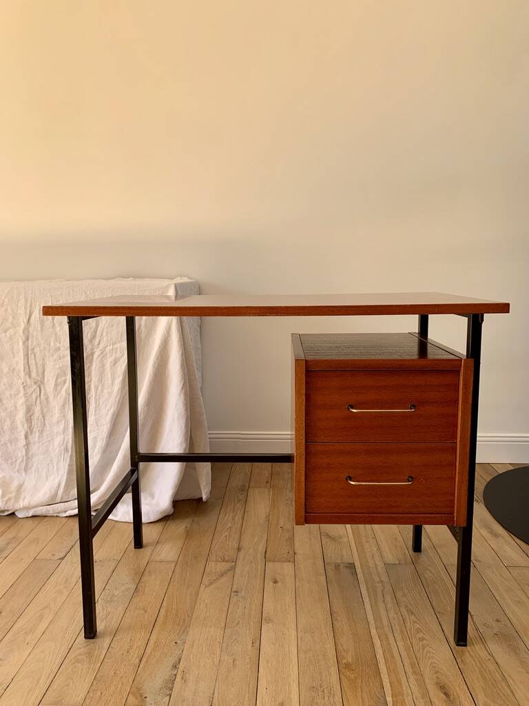 lacquered wood desk and black steel legs design from the 60s and 70s