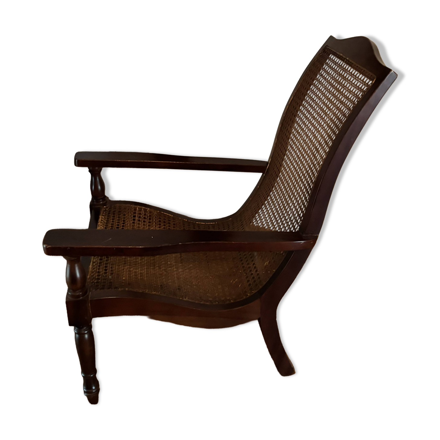 Fauteuil de planteur/colonial en bois foncé et cannage Reproduction 1990's