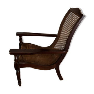 Fauteuil de planteur/colonial en bois foncé et cannage Reproduction 1990's