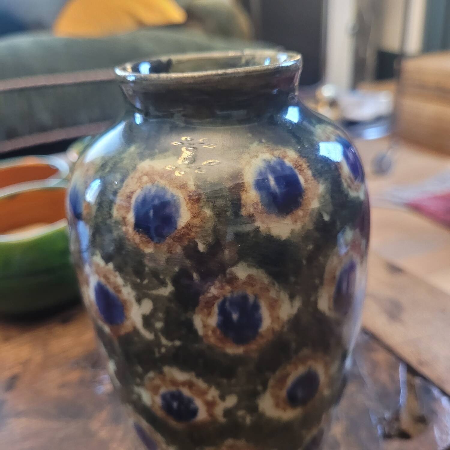 Glazed stoneware vase – “Peacock feathers” motif – 1930/1950 – 16 cm