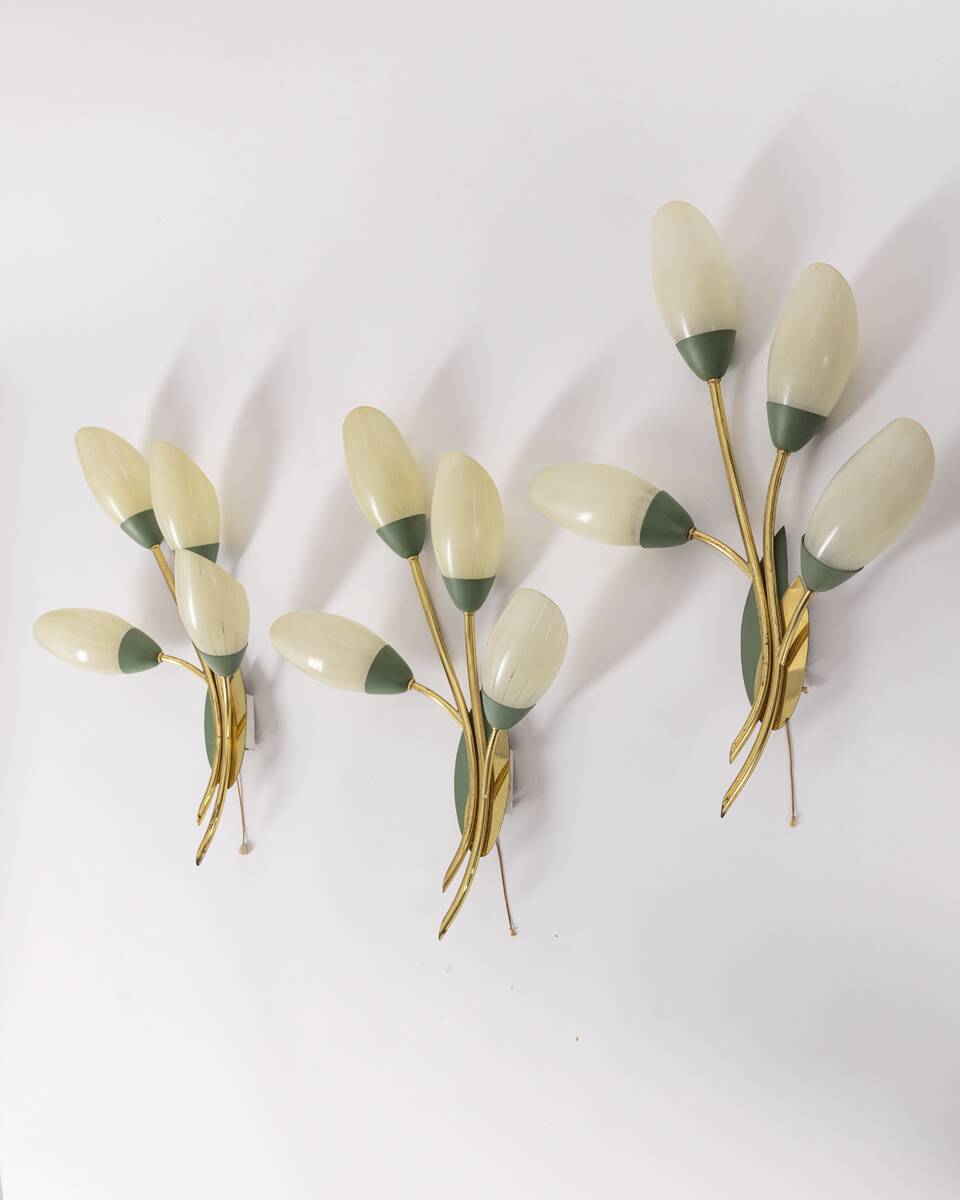 Set of 3 Vintage 1950s Wall Sconces in Floral Style, Italian Design
