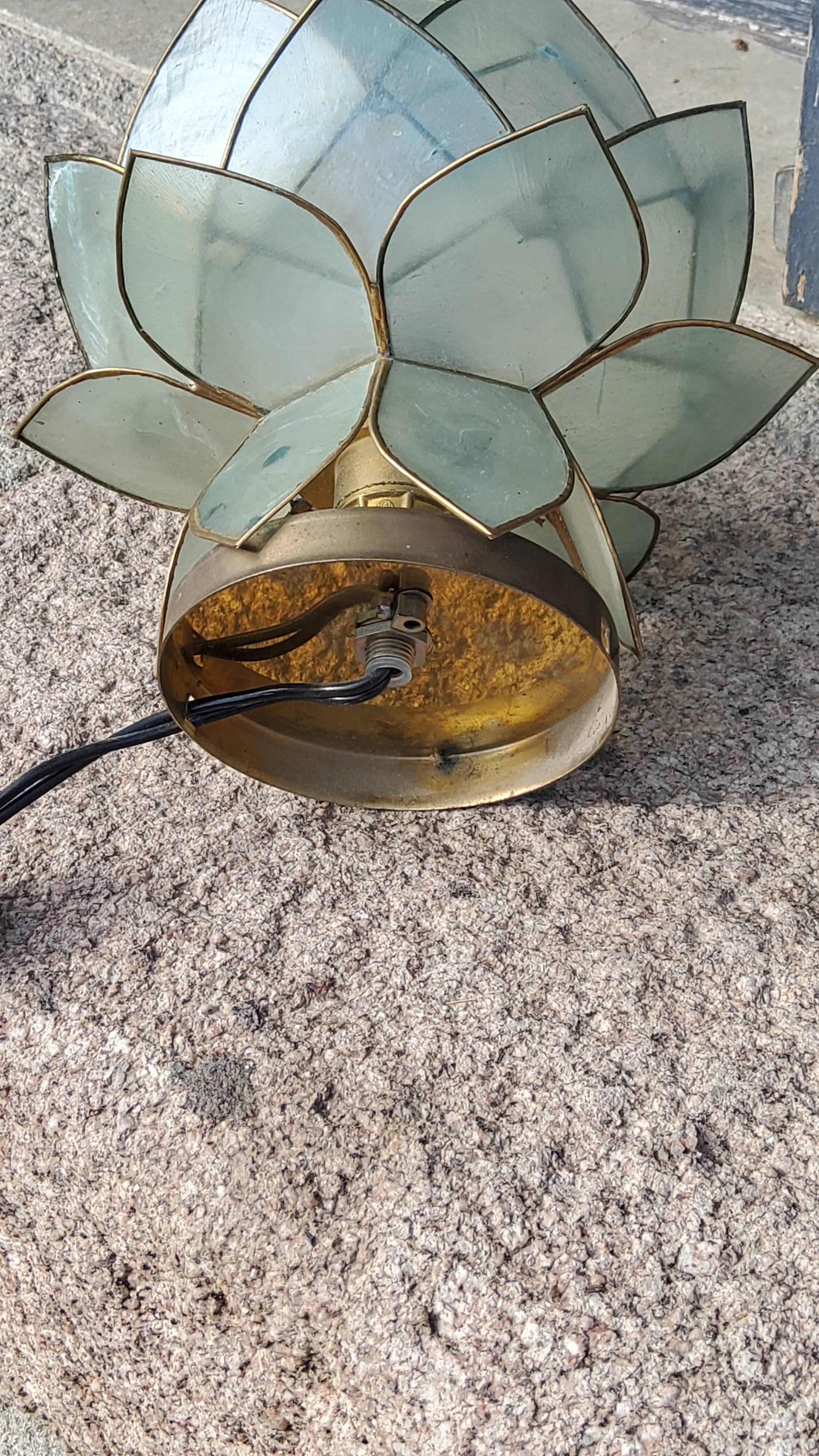 Pair of designer table lamps in turquoise blue green capiz mother-of-pearl from the 70s