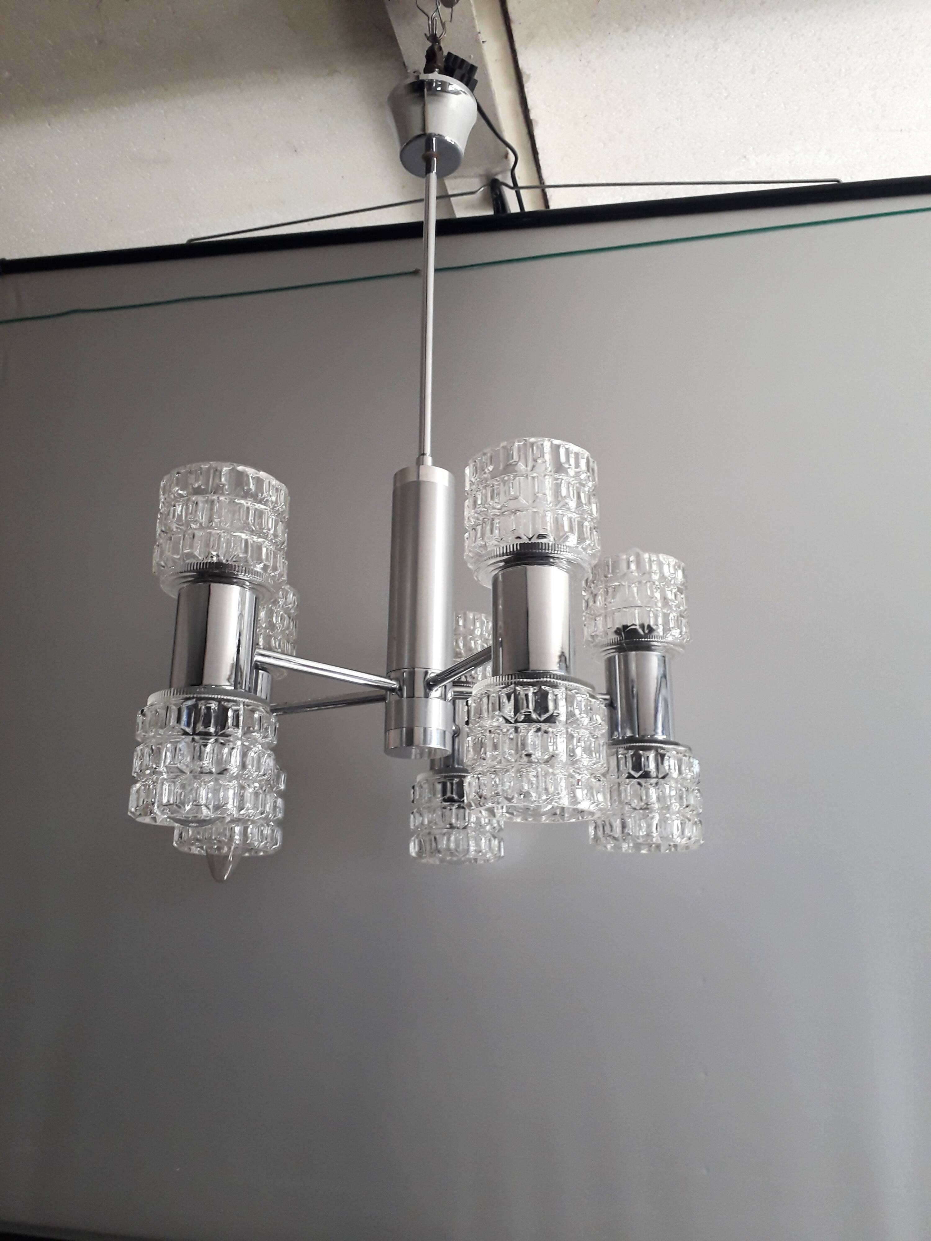 Vintage chandelier - 10 Lights - chrome metal and glass - 1970s