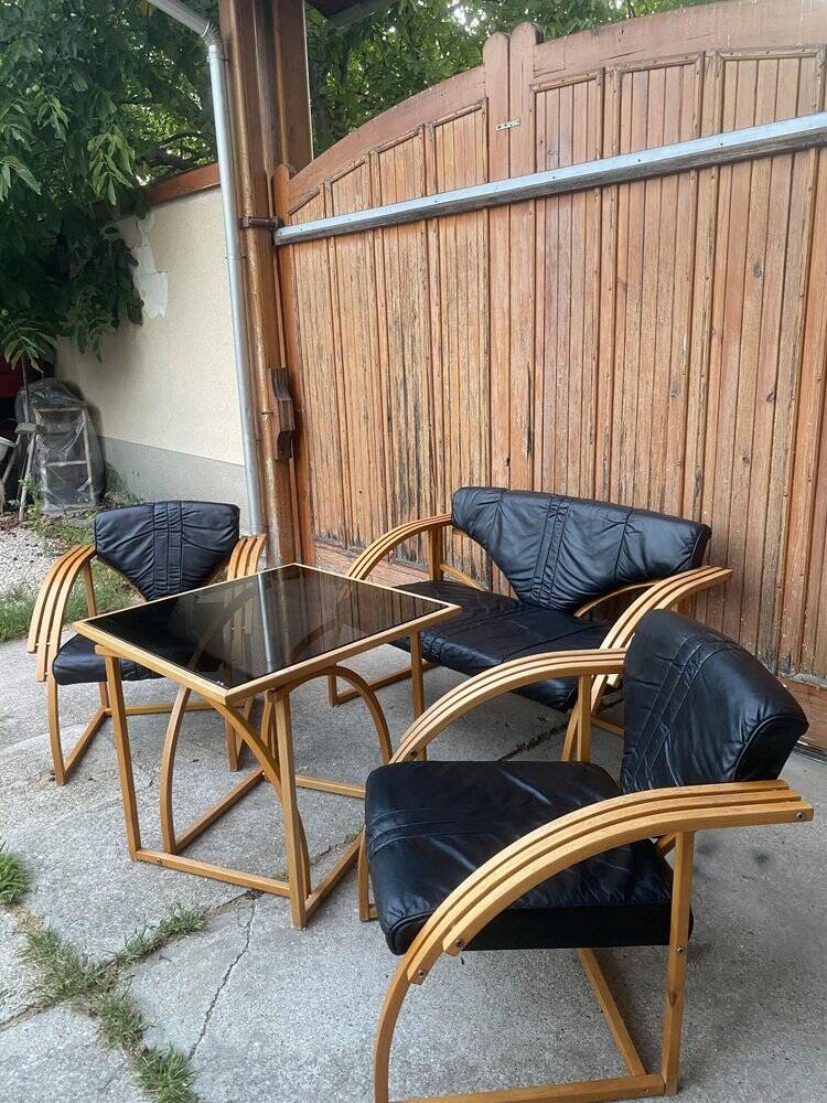 Ensemble mid-century 4 pièces cuir noir et bois clair : canapé 2 places, 2 fauteuils, table