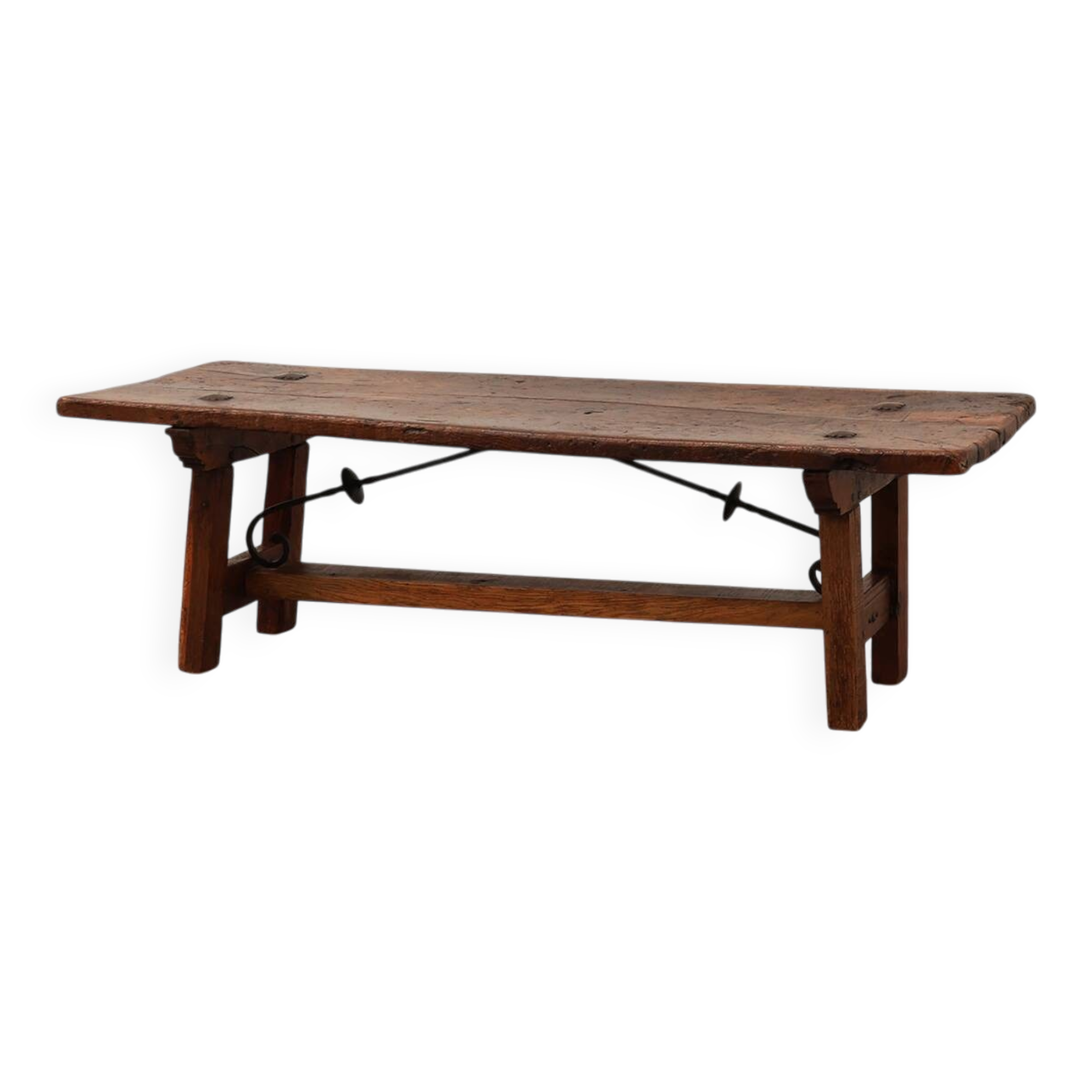 17th Century Spanish Brutalist coffee table in wood and wrought iron