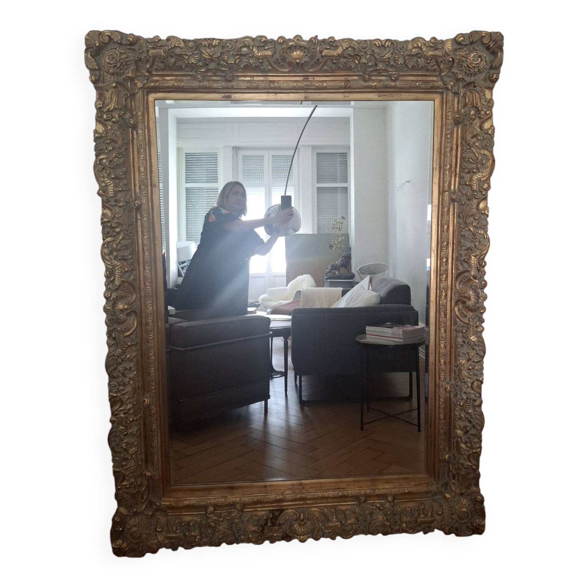 Grand miroir ancien monumental 185x145 bois doré glace biseautée style