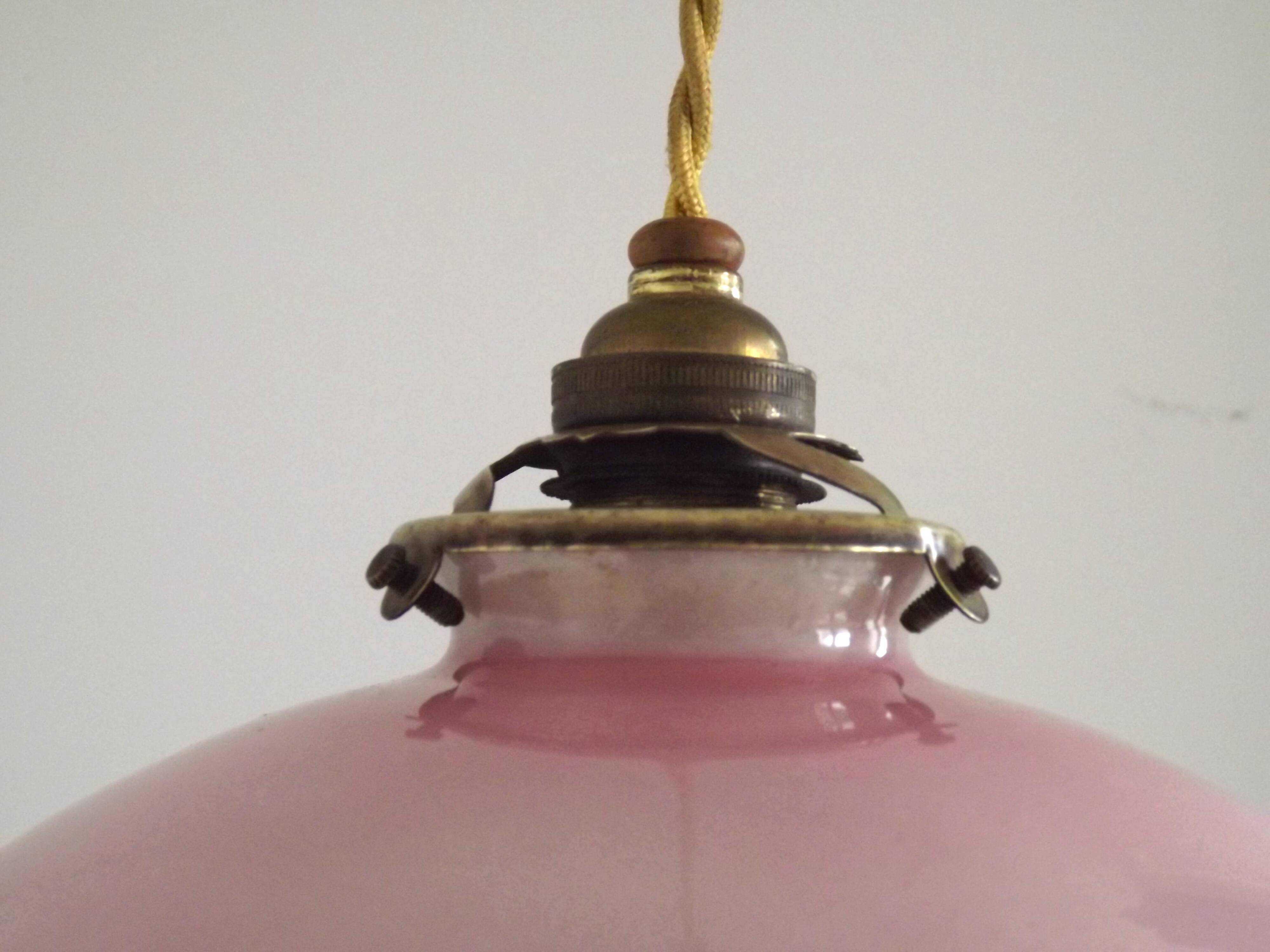 French Art Deco Pink & Cream Pendant Light with House and Tree Design