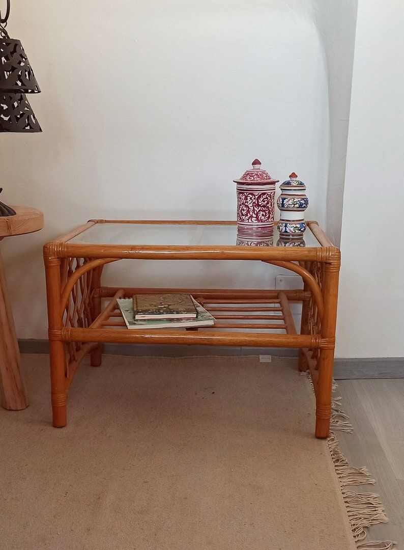 Rattan coffee table and vintage glass
