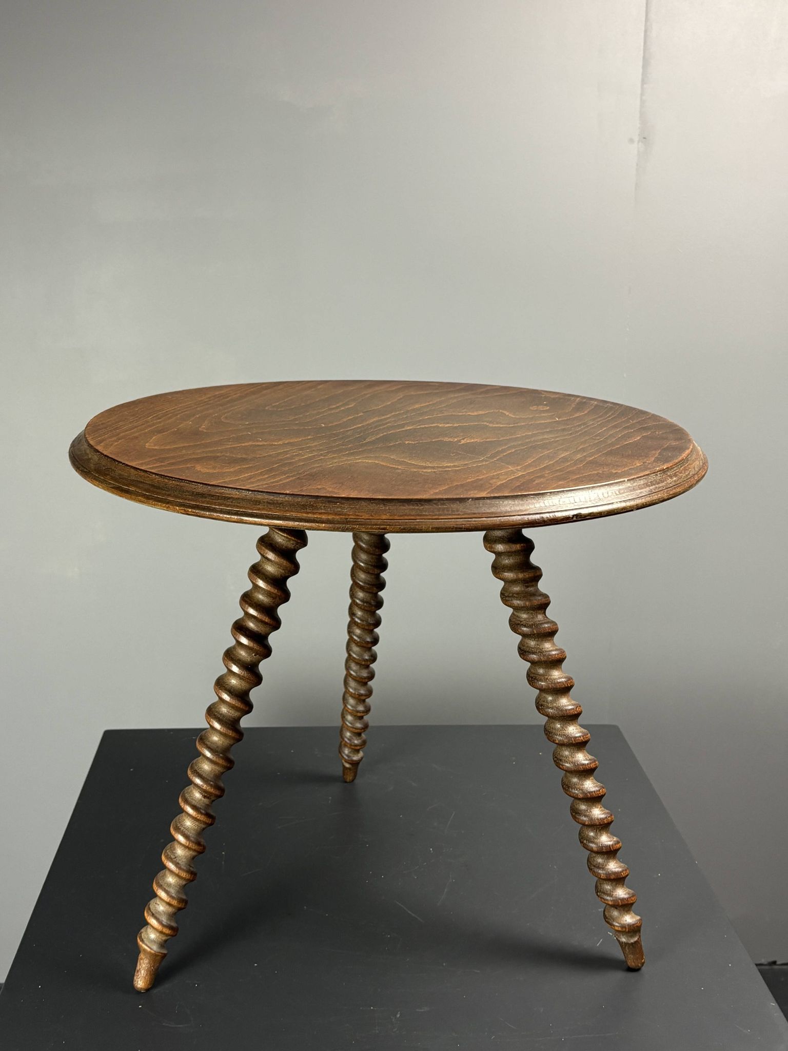 Midcentury wood turned barley twist side table with cork screw legs 1950s