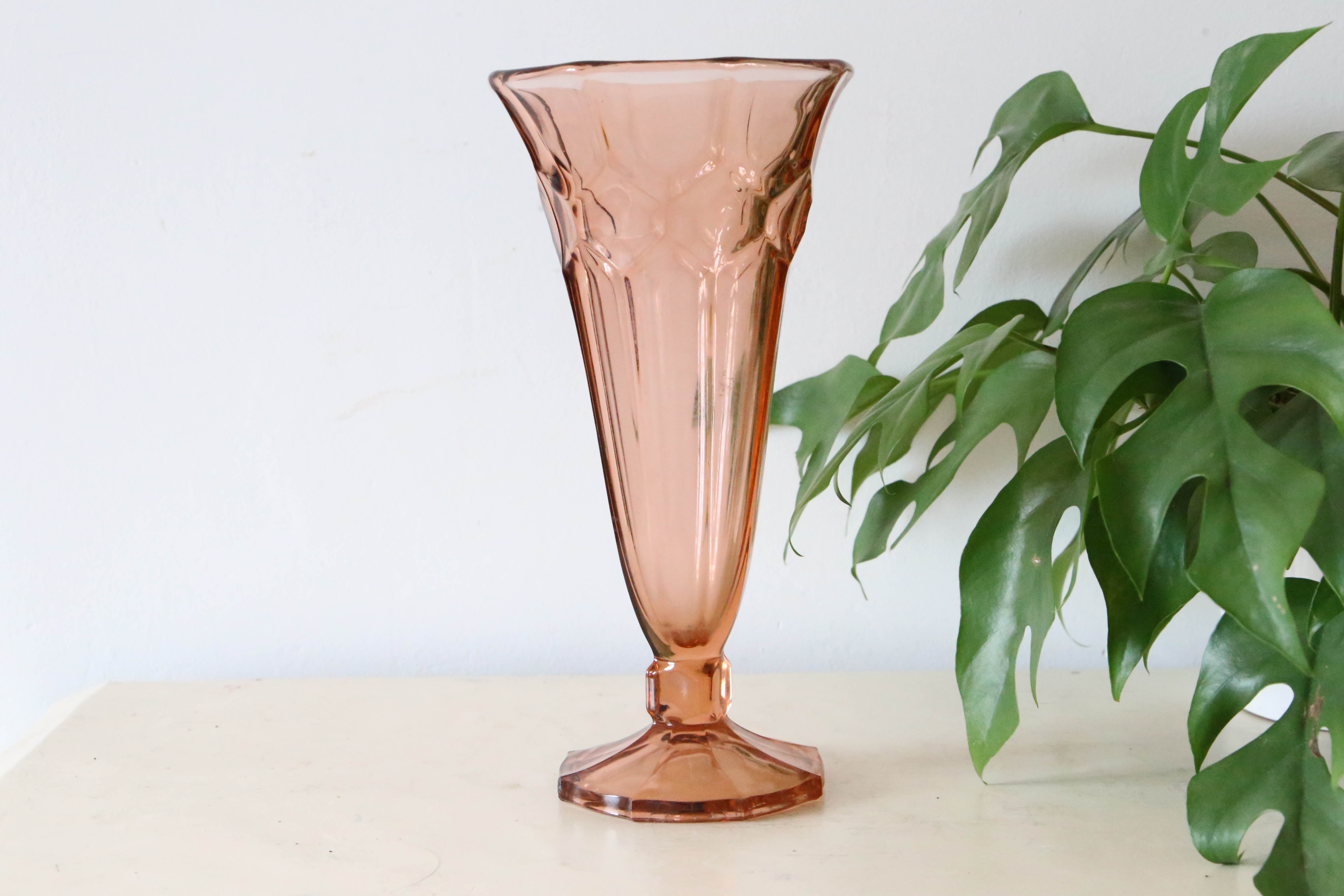 Large antique pink glass vase, molded glass, vintage French, authentic