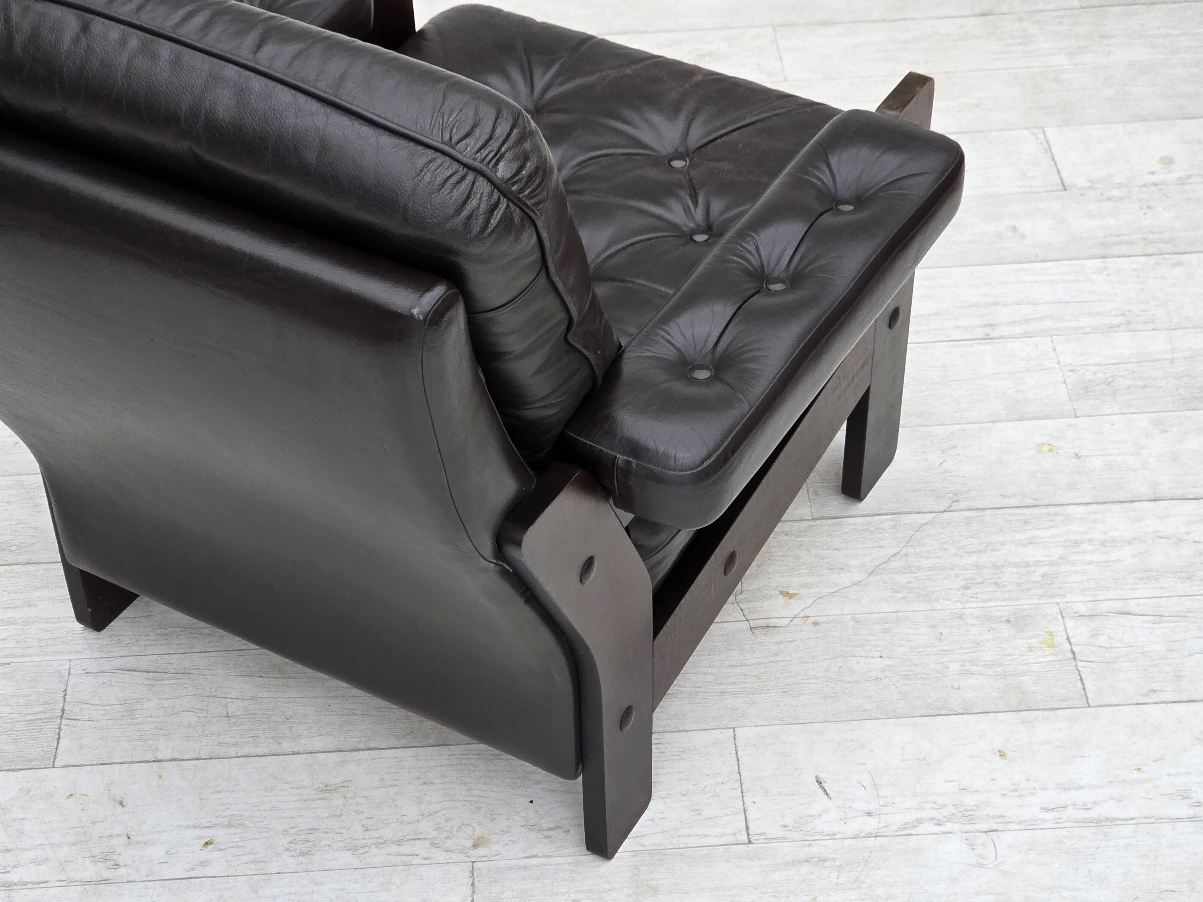 1970s, Danish armchair, brown furniture leather, oak wood.