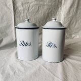 Pair of old large enameled sheet metal condiment pots