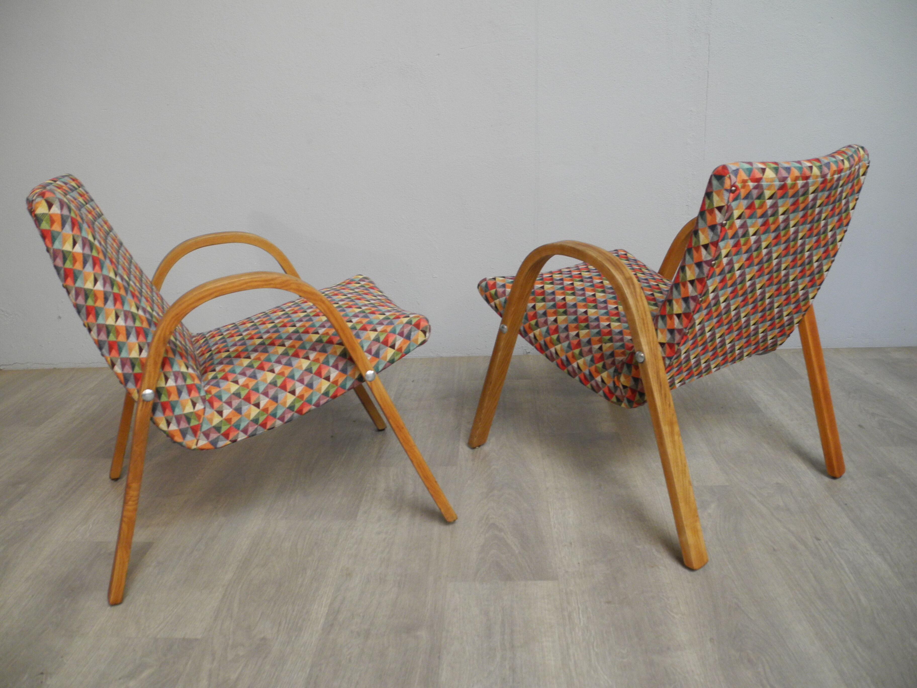 Pair of vintage wooden armchairs and harlequin fabric year 70