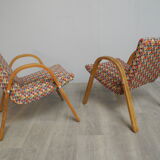 Pair of vintage wooden armchairs and harlequin fabric year 70