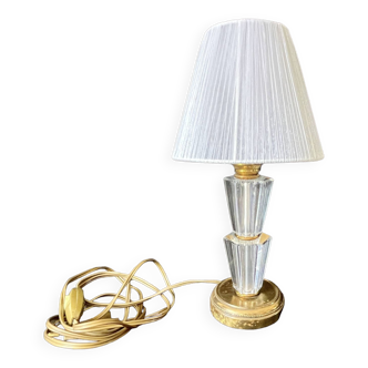 Lampe Art Déco en cristal taillé et laiton abat-jour ruban organza plissé verre 1930
