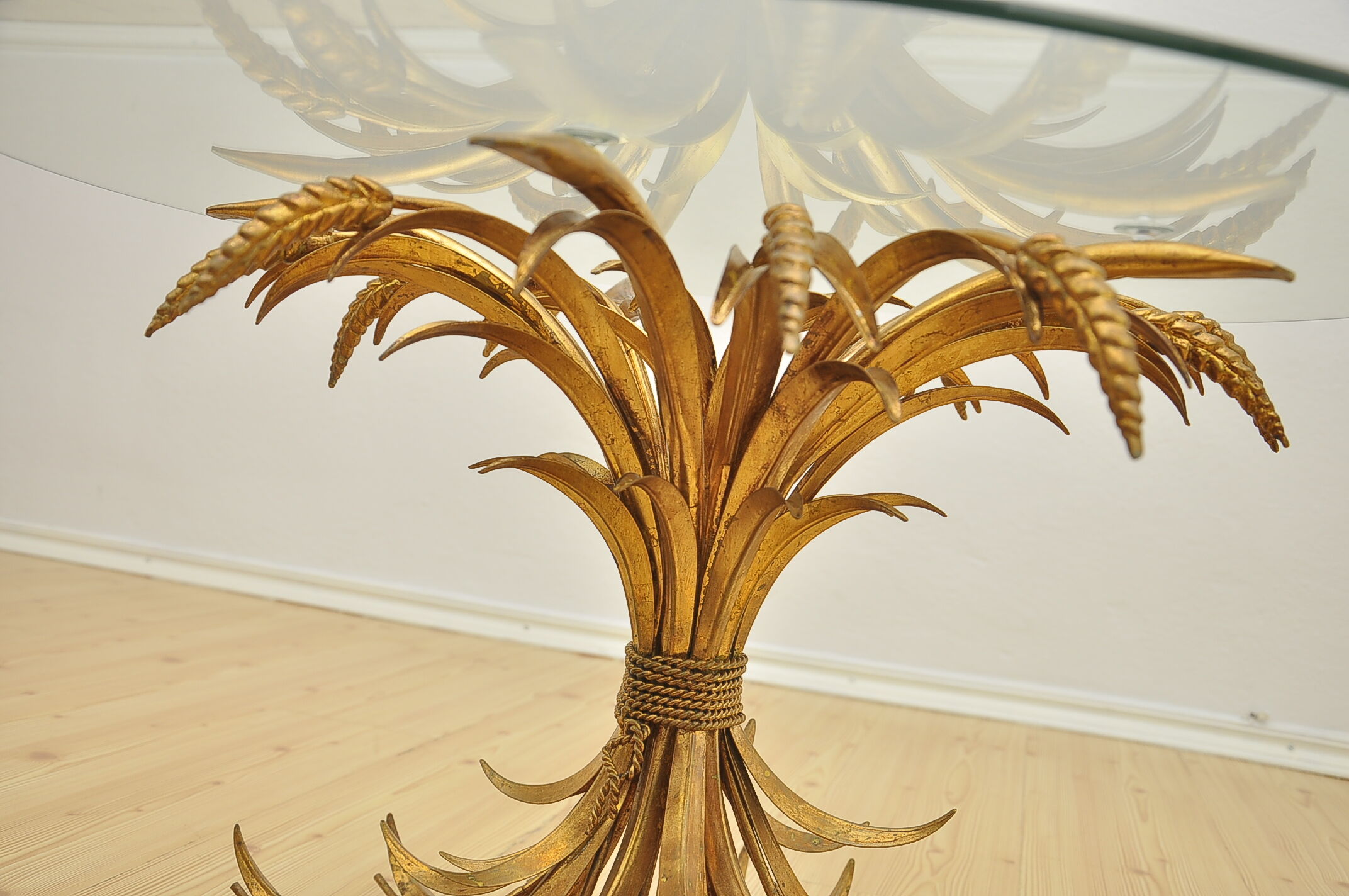 Hollywood Regency Coffee Table with Golden Wheat Frame, 1970s