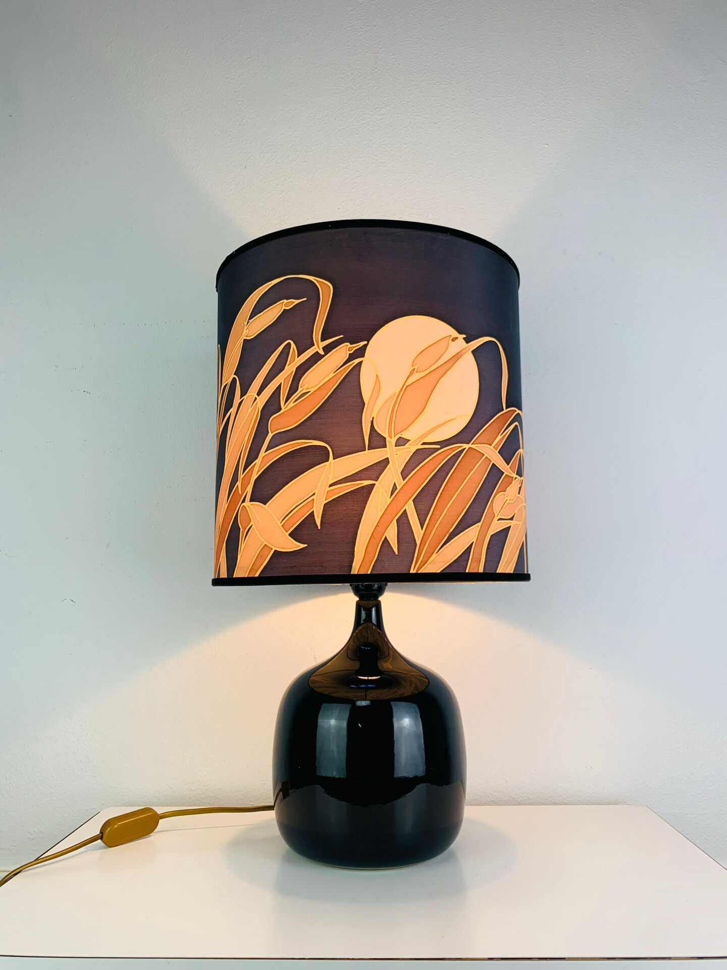 "Fig" lamp, black ceramic and silk shade, 1960s.