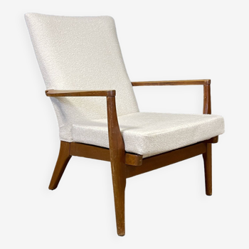 Vintage English armchair PK 973/4 by Parker Knoll teak & reupholstered ecru fabric 1950s/60s UK