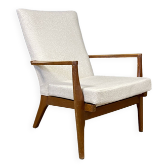 Fauteuil vintage anglais PK 973/4 de Parker Knoll teck & retapissé tissu écru Années 50/60 UK