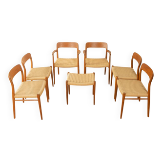 Ensemble de chaises de salle à manger modèle 75 de Niels O. Møller, années 1950, teck et corde de papier, 6 chaises et 1 tabouret