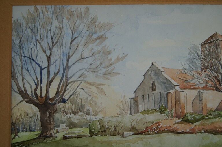 Church in the countryside - Watercolor signed