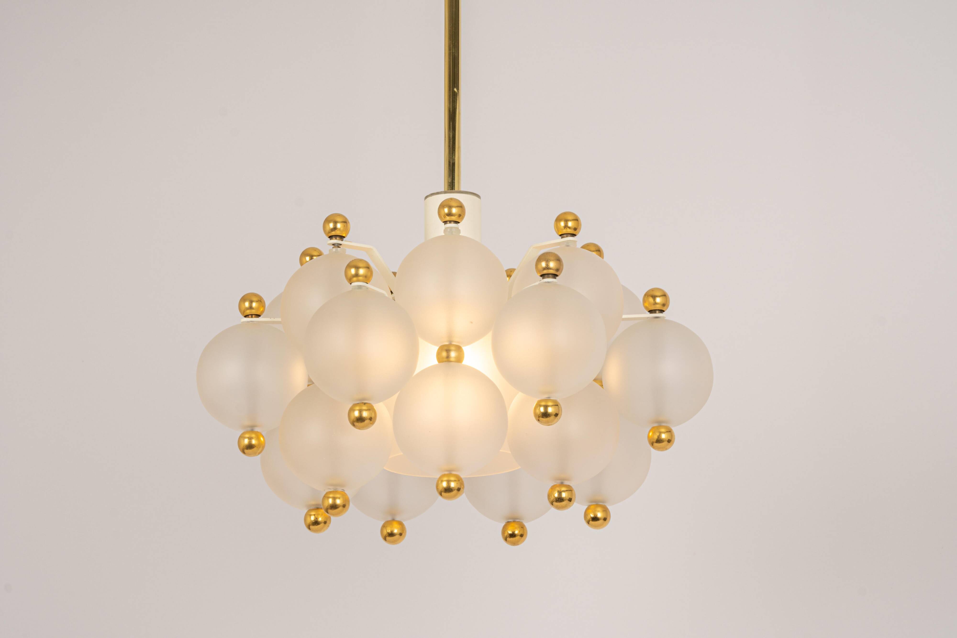 Large frosted glass and brass chandelier by Kinkeldey, Germany, 1970s.