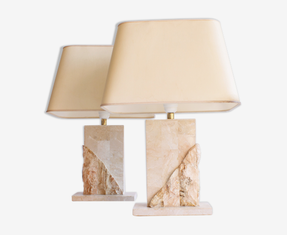 Set Of 2 Pink Marble Table Lamps, 1970s Table Lamps