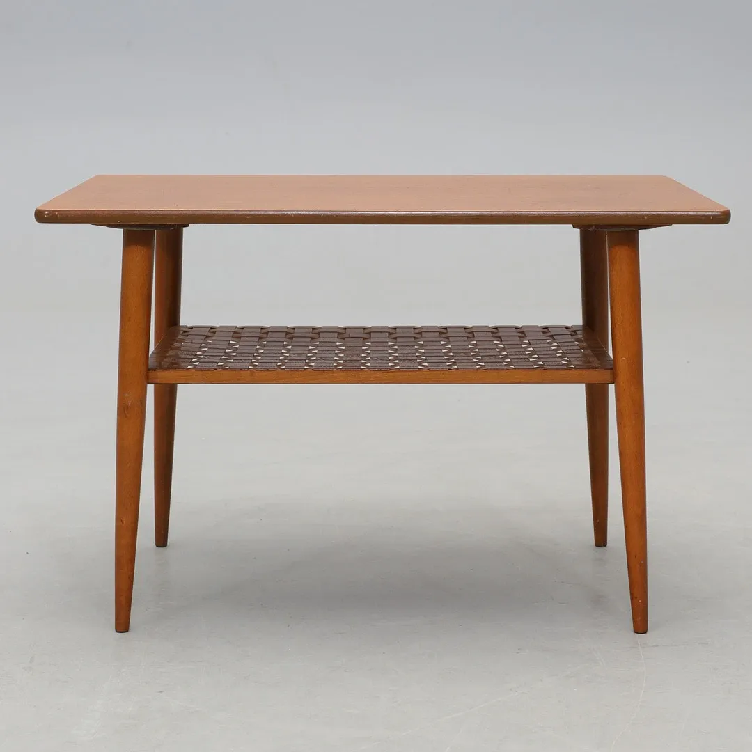 Vintage Scandinavian teak coffee table with woven shelf - 1960s