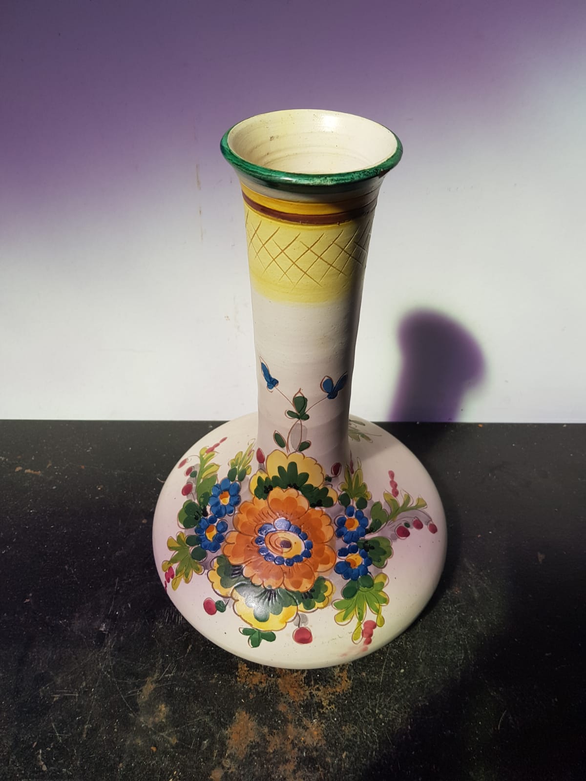 Ancient ceramic vase enamels decor flowers made in italy vintage