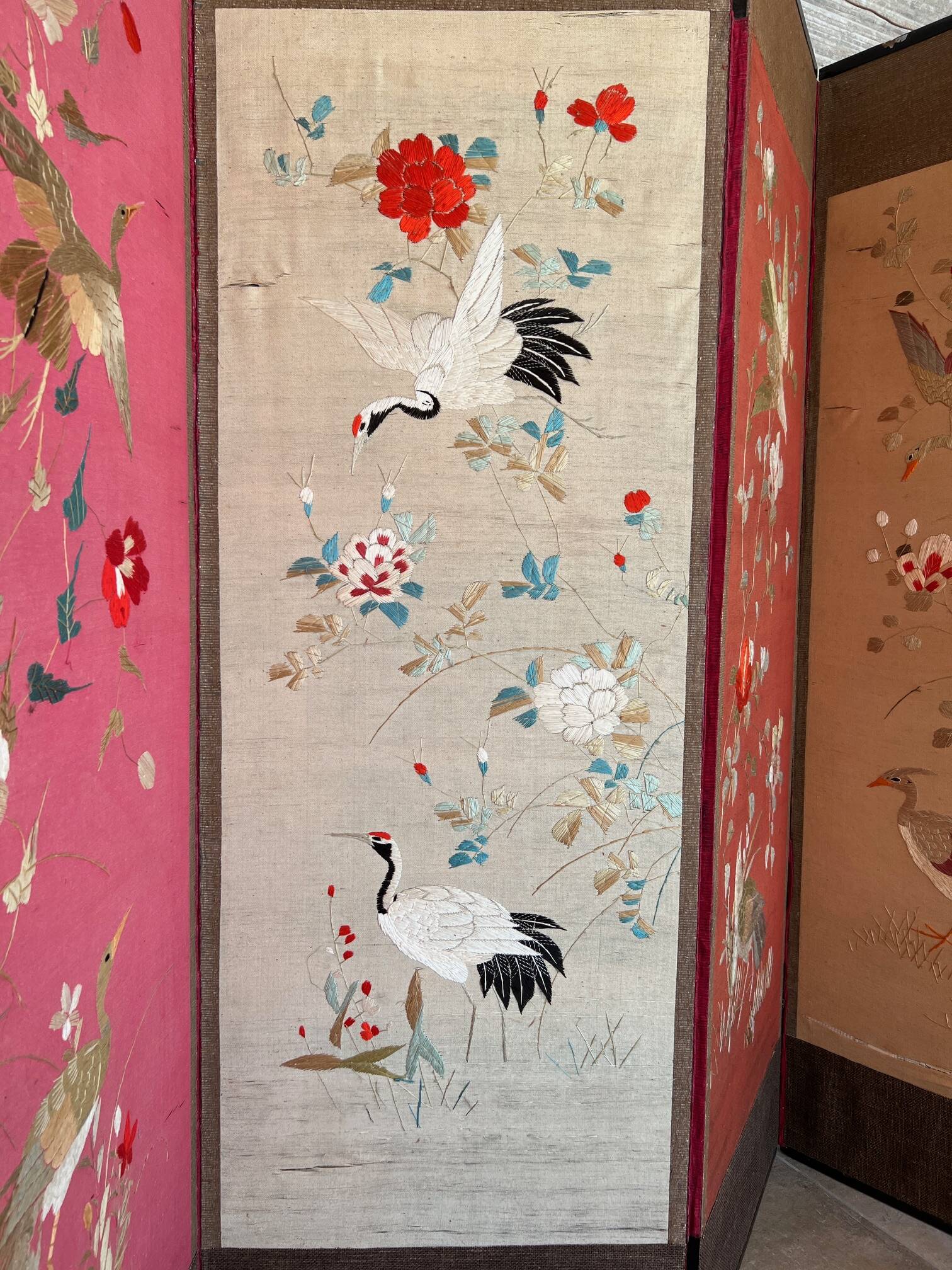 4-panel Japanese screen, 19th century, bird silk embroidery